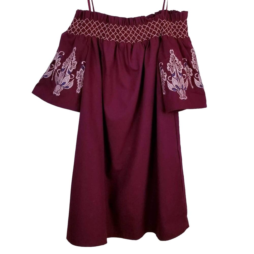 BLEUH CIEL Merlot Boho Embroidered Off-Shoulder Dress - Size S - Picture 4 of 7